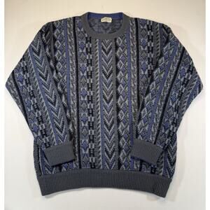 Vintage Botto Italian Knit Sweater Men’s Large Blue Gray Geometric Made in Italy